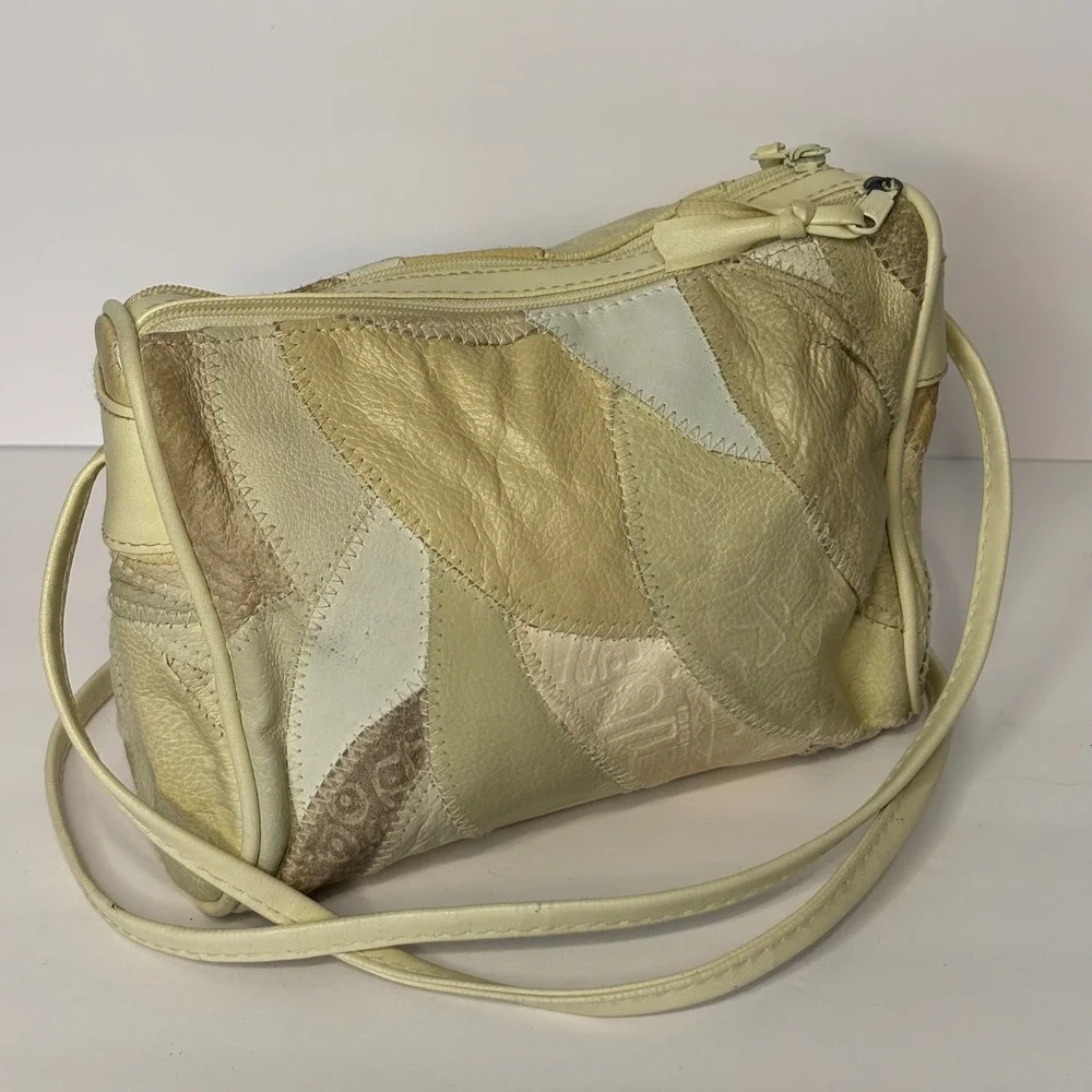 Vintage Patchwork Leather Shoulder Bag Purse‎ Neutral Tones Handbag Beige Boho